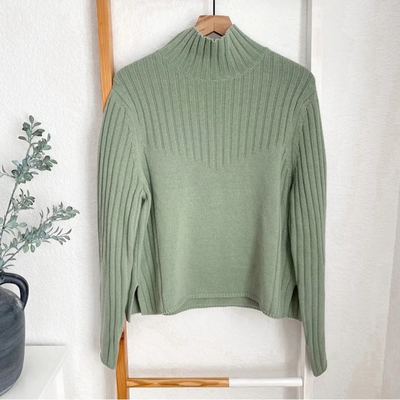 Sally Lapointe Merino Wool Cashmere Rib Sweater Turtleneck Jade Sage Green L - Picture 4 of 11